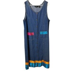 Agazu Collection Vintage Denim Dress Button Front Sleeveless Color Block Sz L